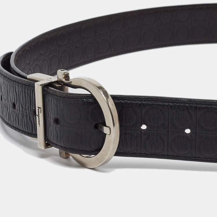 Pre Owned Salvatore Ferragamo Black/Dark Brown Ganici Embossed Leather Cut to Size Reversible Buckle Belt
