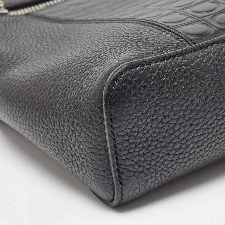 Pre Owned Salvatore Ferragamo Black Gancini Embossed Leather Messenger Bag