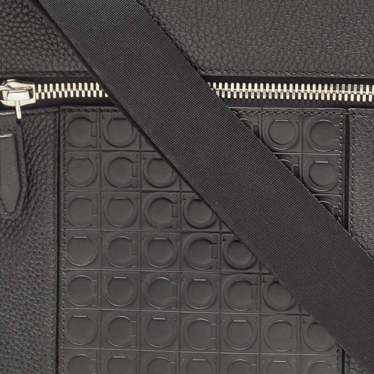 Pre Owned Salvatore Ferragamo Black Gancini Embossed Leather Messenger Bag