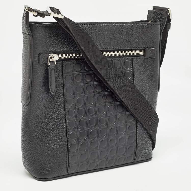 Pre Owned Salvatore Ferragamo Black Gancini Embossed Leather Messenger Bag