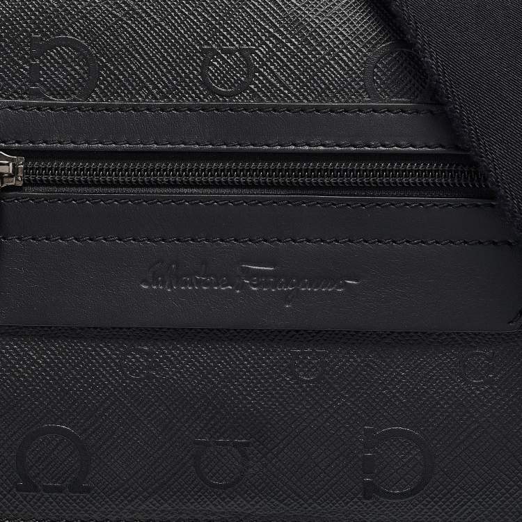 Pre Owned Salvatore Ferragamo Black Gancini Embossed Leather Flap Messenger Bag