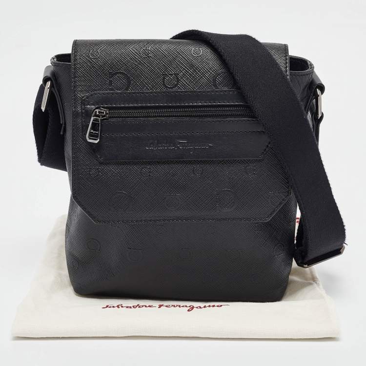 Pre Owned Salvatore Ferragamo Black Gancini Embossed Leather Flap Messenger Bag