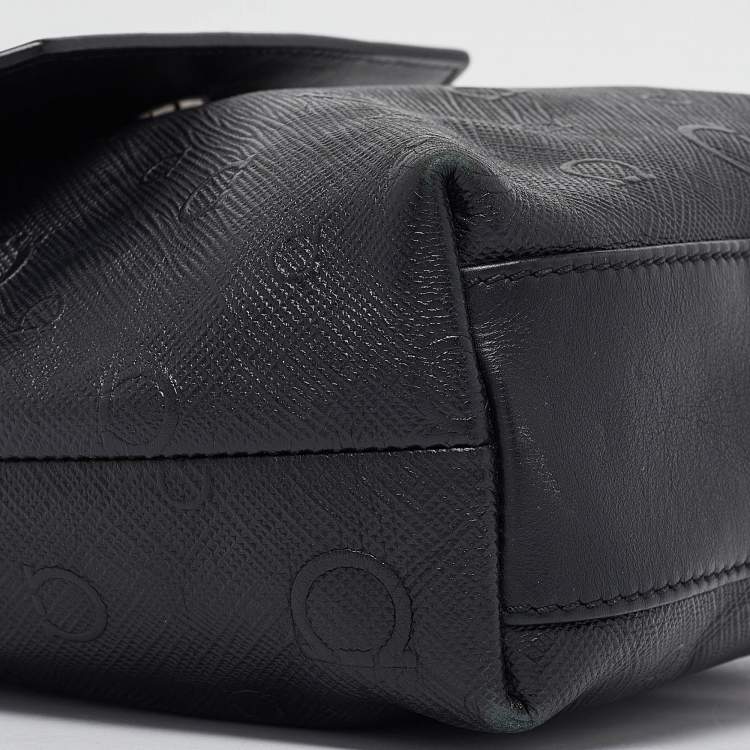 Pre Owned Salvatore Ferragamo Black Gancini Embossed Leather Flap Messenger Bag