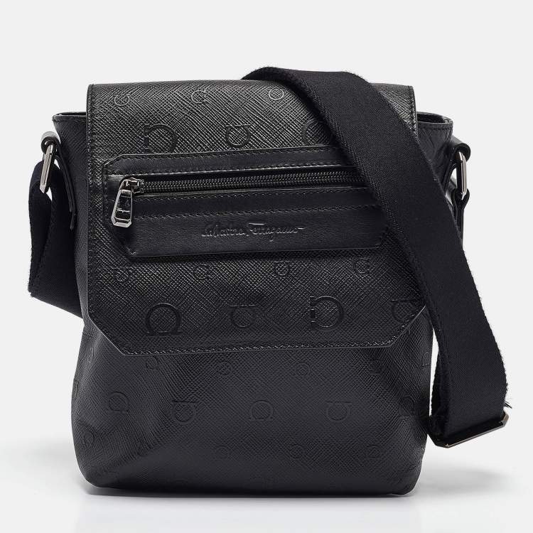 Pre Owned Salvatore Ferragamo Black Gancini Embossed Leather Flap Messenger Bag