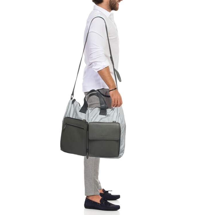Pre Owned Salvatore Ferragamo Olive Green/Grey Leather and Nylon Pocket Tote