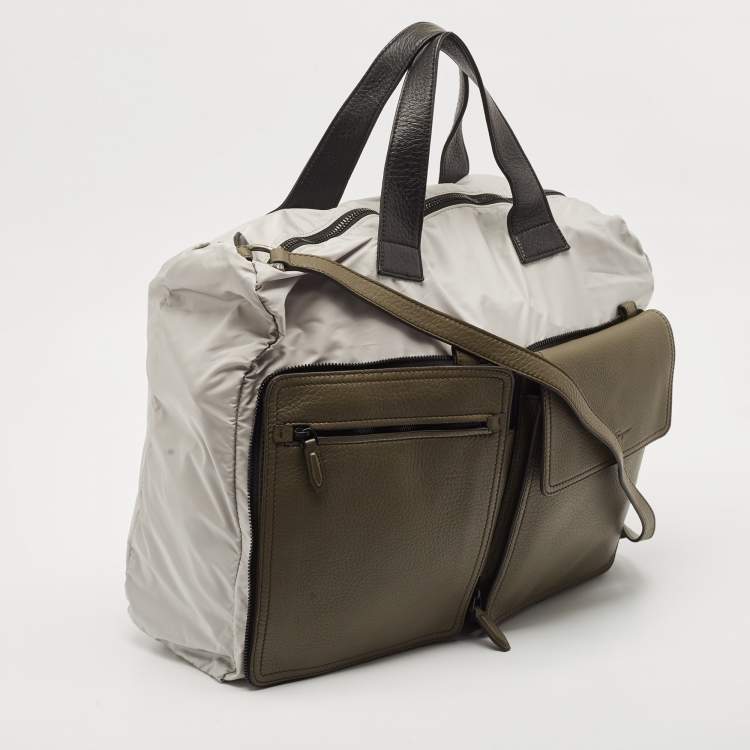 Pre Owned Salvatore Ferragamo Olive Green/Grey Leather and Nylon Pocket Tote