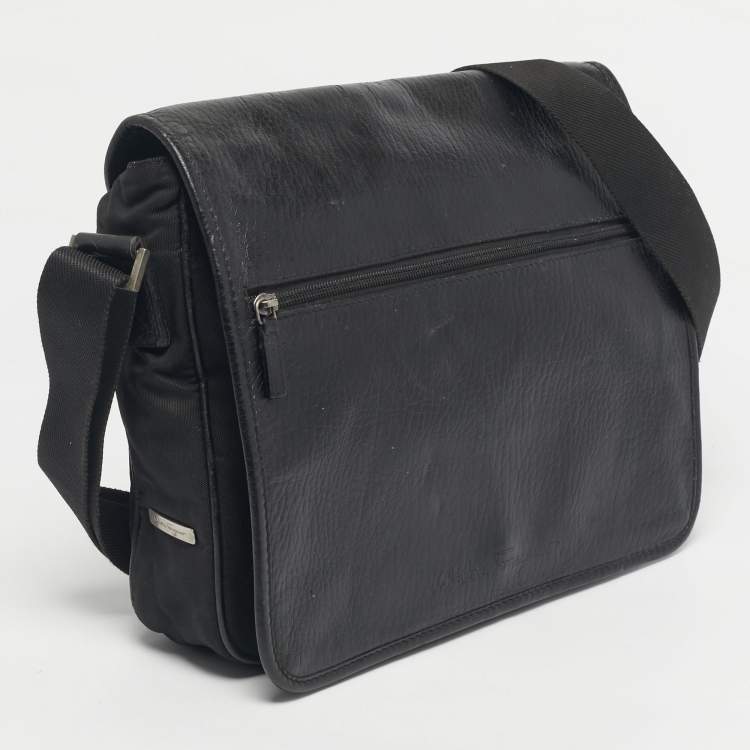 Pre Owned Salvatore Ferragamo Black Leather and Nylon Flap Messenger Bag