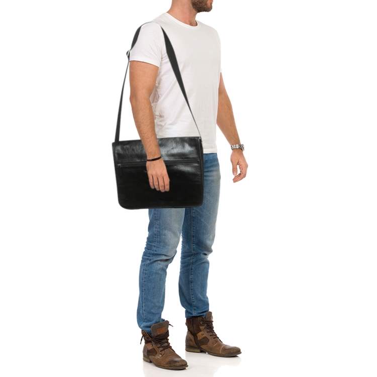 Pre Owned Salvatore Ferragamo Black Leather and Nylon Flap Messenger Bag
