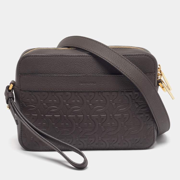 Pre Owned Salvatore Ferragamo Logo Dark Brown Embossed Leather Crossbody Bag