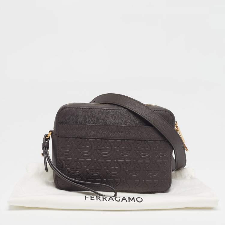 Pre Owned Salvatore Ferragamo Logo Dark Brown Embossed Leather Crossbody Bag