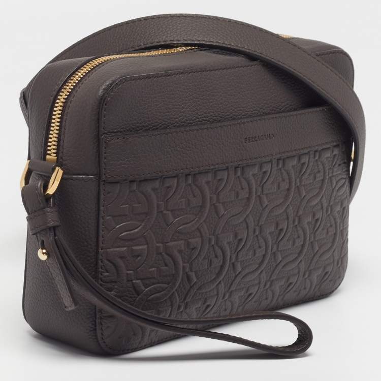 Pre Owned Salvatore Ferragamo Logo Dark Brown Embossed Leather Crossbody Bag