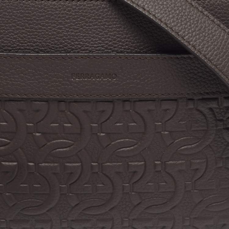 Pre Owned Salvatore Ferragamo Logo Dark Brown Embossed Leather Crossbody Bag
