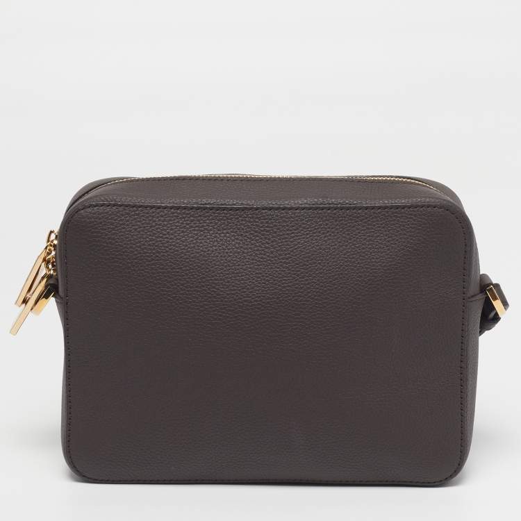 Pre Owned Salvatore Ferragamo Logo Dark Brown Embossed Leather Crossbody Bag