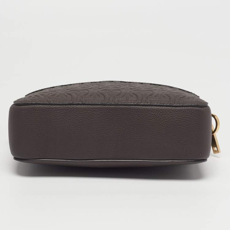 Pre Owned Salvatore Ferragamo Logo Dark Brown Embossed Leather Crossbody Bag