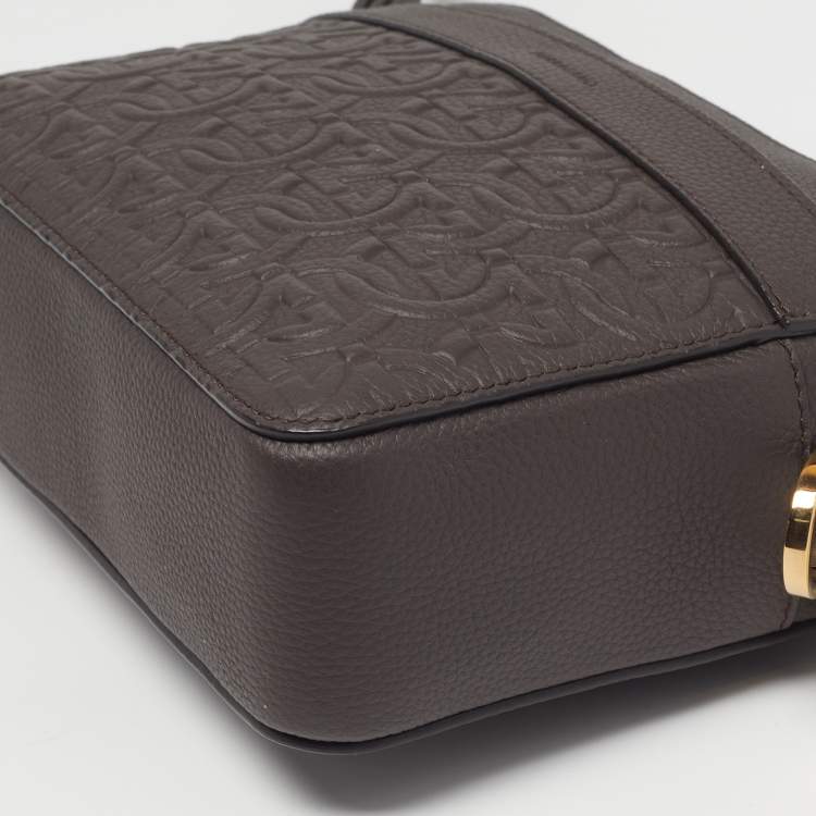 Pre Owned Salvatore Ferragamo Logo Dark Brown Embossed Leather Crossbody Bag