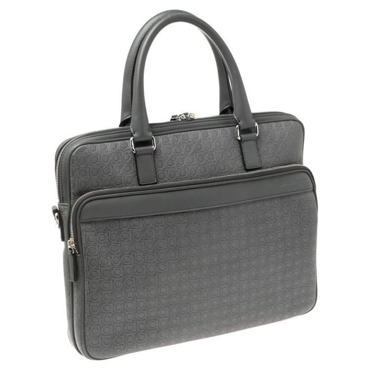 Pre Owned Salvatore Ferragamo Grey Gancini Embossed Leather Laptop Bag