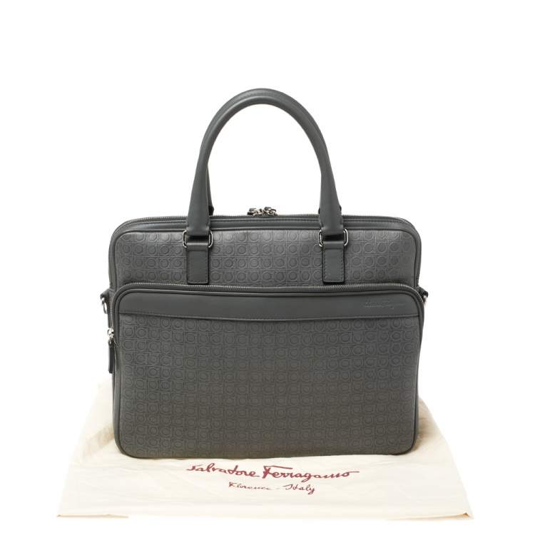 Pre Owned Salvatore Ferragamo Grey Gancini Embossed Leather Laptop Bag