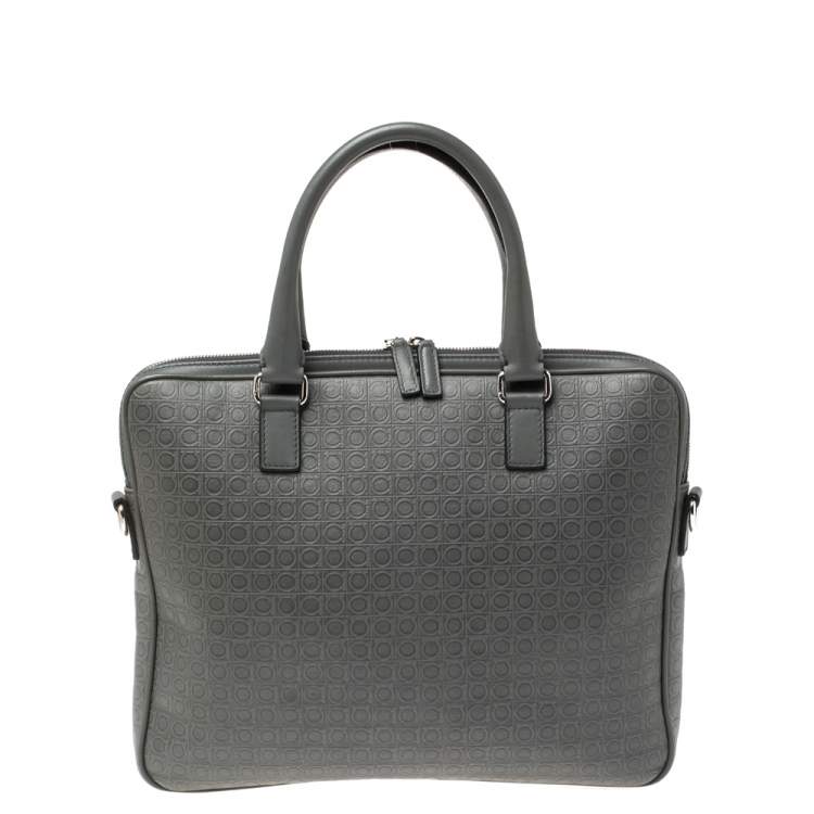Pre Owned Salvatore Ferragamo Grey Gancini Embossed Leather Laptop Bag