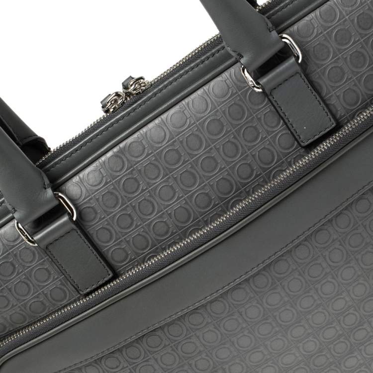 Pre Owned Salvatore Ferragamo Grey Gancini Embossed Leather Laptop Bag