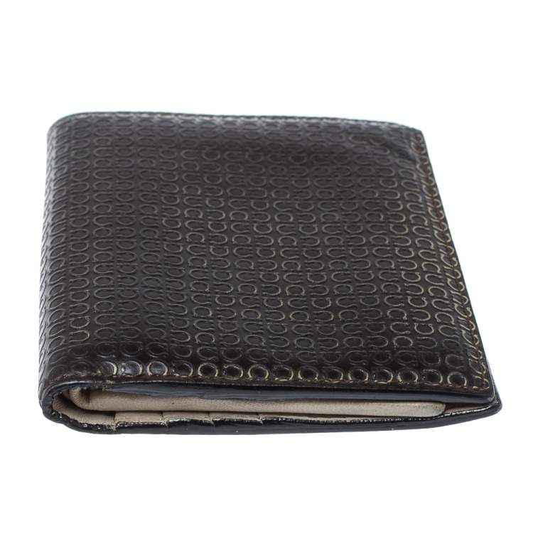 Pre Owned Salvatore Ferragamo Dark Brown Gancini Embossed Leather Bifold Wallet