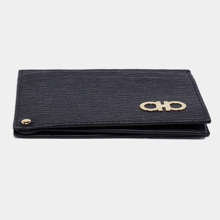 Pre Owned Salvatore Ferragamo Black Leather Gancini Card Holder with Pull Out ID Window