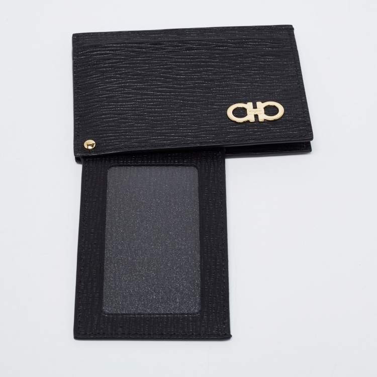 Pre Owned Salvatore Ferragamo Black Leather Gancini Card Holder with Pull Out ID Window