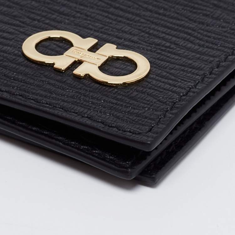 Pre Owned Salvatore Ferragamo Black Leather Gancini Card Holder with Pull Out ID Window