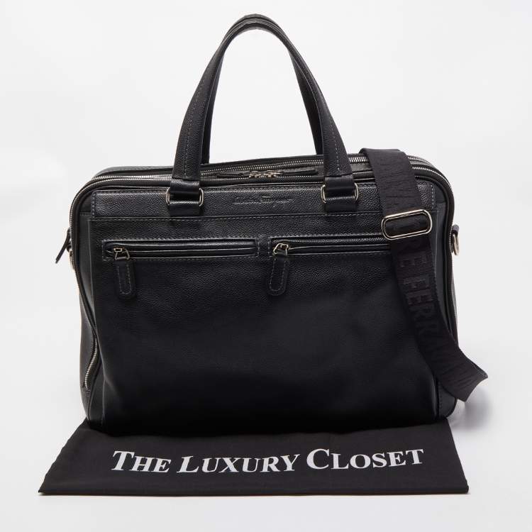 Pre Owned Salvatore Ferragamo Black Leather Double Zip Briefcase Bag