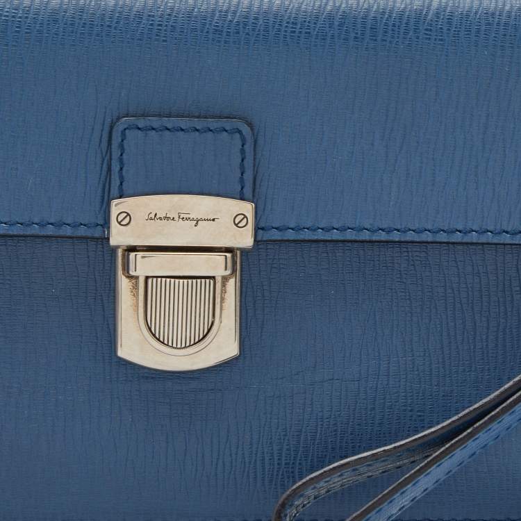 Pre Owned Salvatore ferregamo Blue Leather Flap Wristlet Pouch