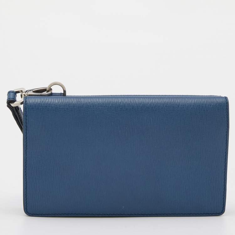 Pre Owned Salvatore ferregamo Blue Leather Flap Wristlet Pouch