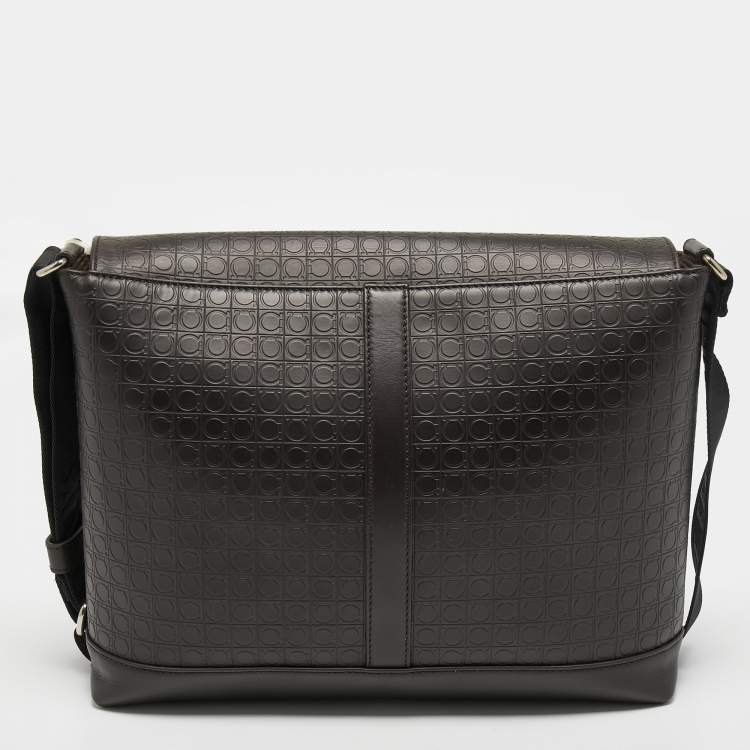 Pre Owned Salvatore Ferragamo Brown Embossed Leather Messenger Bag