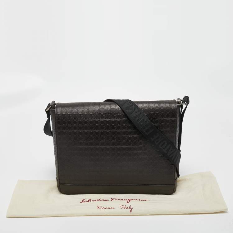 Pre Owned Salvatore Ferragamo Brown Embossed Leather Messenger Bag