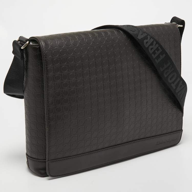 Pre Owned Salvatore Ferragamo Brown Embossed Leather Messenger Bag