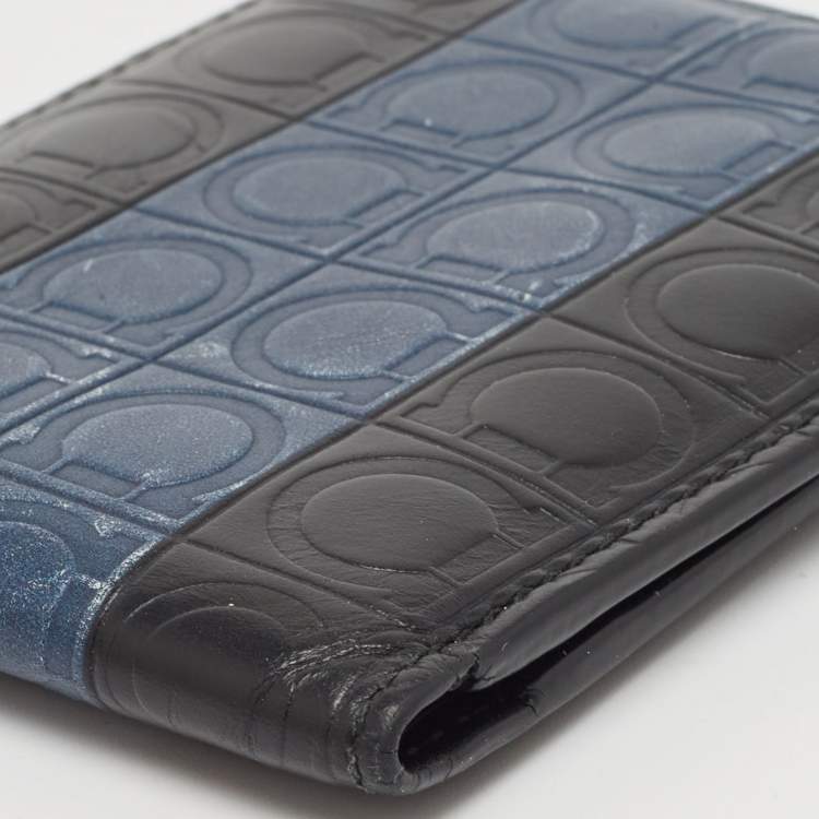 Pre Owned Salvatore Ferragamo Black/Blue Logo Embossed Leather Bifold Wallet