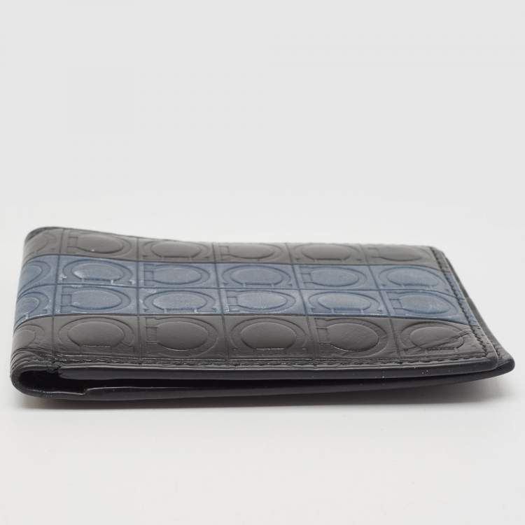 Pre Owned Salvatore Ferragamo Black/Blue Logo Embossed Leather Bifold Wallet
