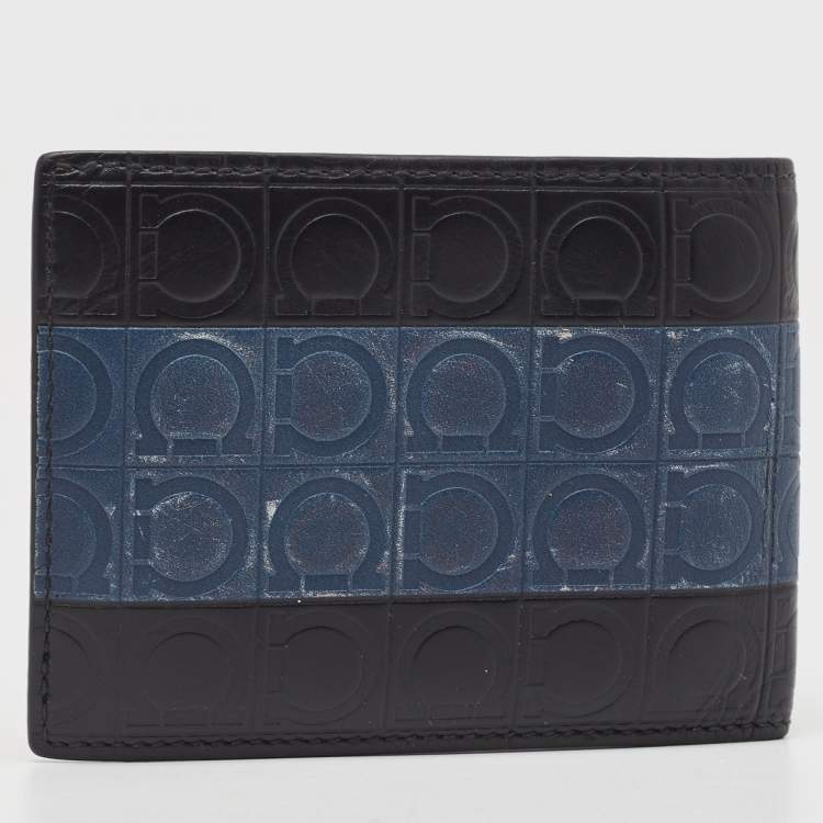 Pre Owned Salvatore Ferragamo Black/Blue Logo Embossed Leather Bifold Wallet