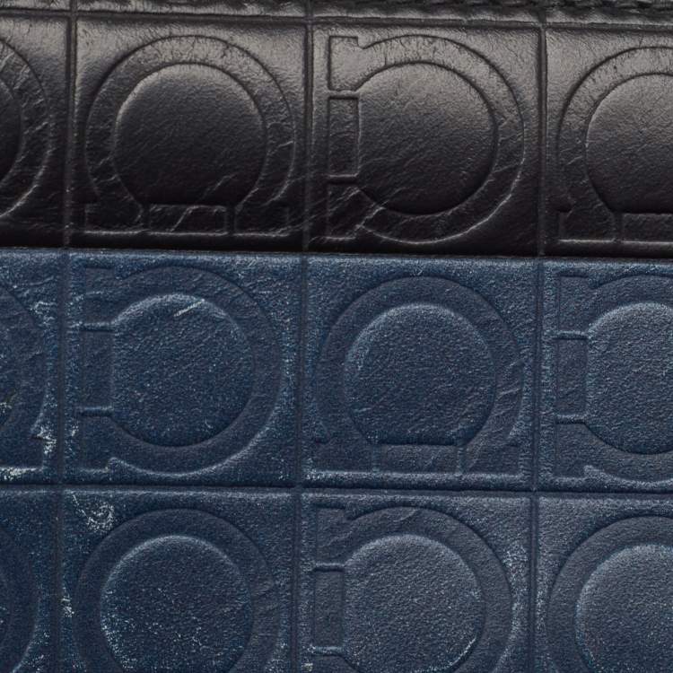 Pre Owned Salvatore Ferragamo Black/Blue Logo Embossed Leather Bifold Wallet