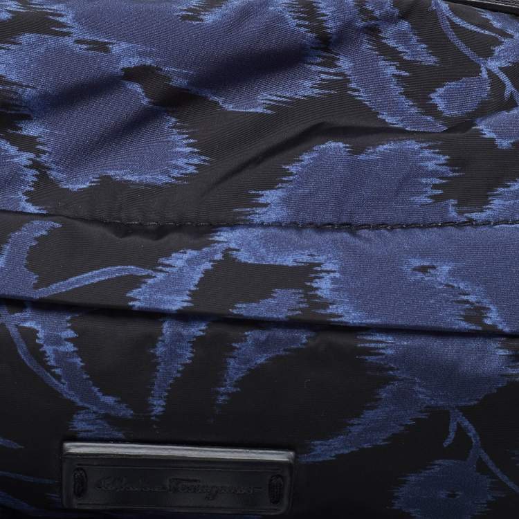 Pre Owned Salvatore Ferragamo Blue/Black Print Nylon and Leather Pouch