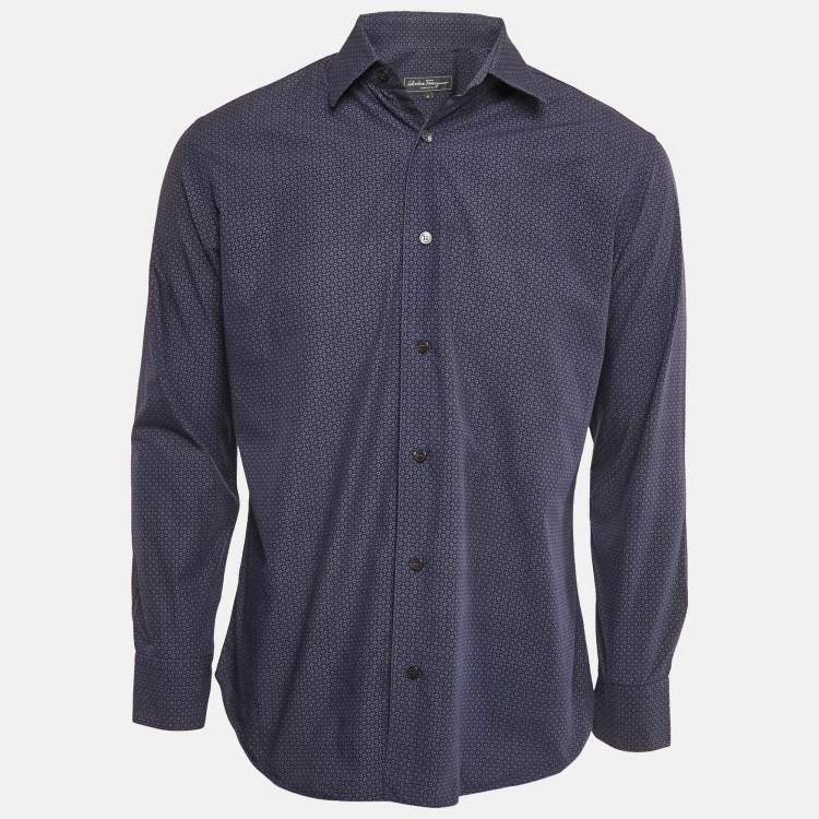 Pre Owned Salvatore Ferragamo Navy Blue Printed Derby Fit Shirt M