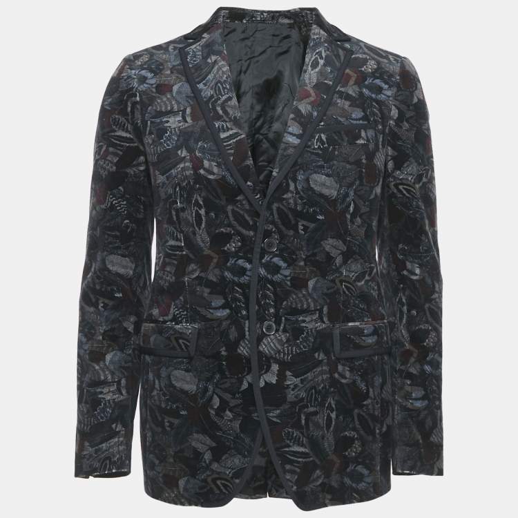 Pre Owned Salvatore Ferragamo Multicolor Feather Print Velvet Blazer S
