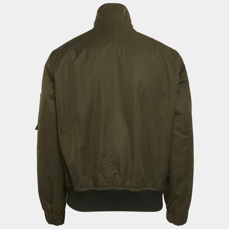 Pre Owned Salvatore Ferragamo Olive Green Gabardine Leather Trim Bomber Jacket M