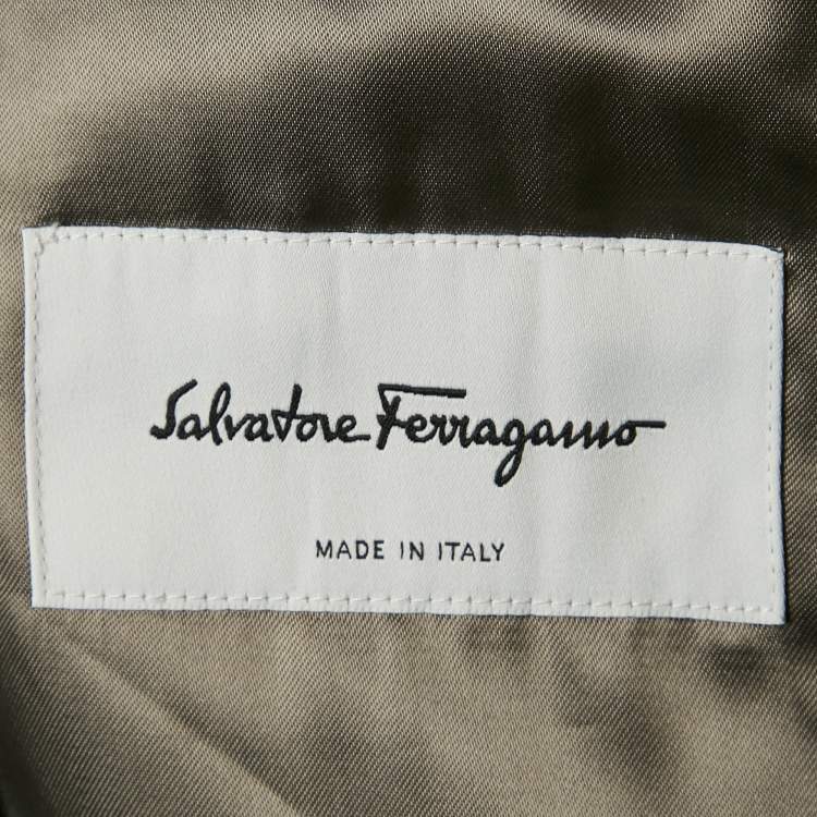 Pre Owned Salvatore Ferragamo Olive Green Gabardine Leather Trim Bomber Jacket M