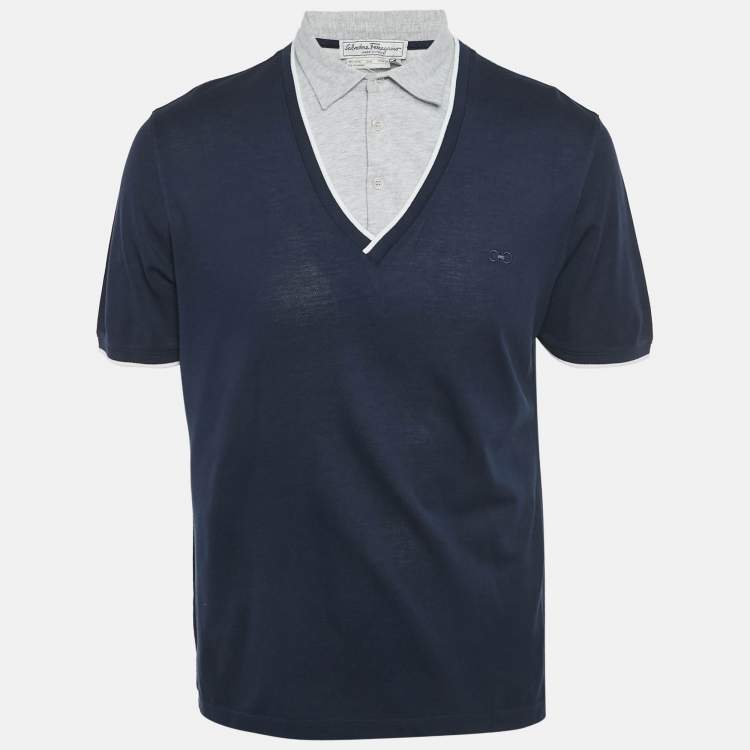 Pre Owned Salvatore Ferragamo Navy Blue Cotton Pique Polo T-Shirt L