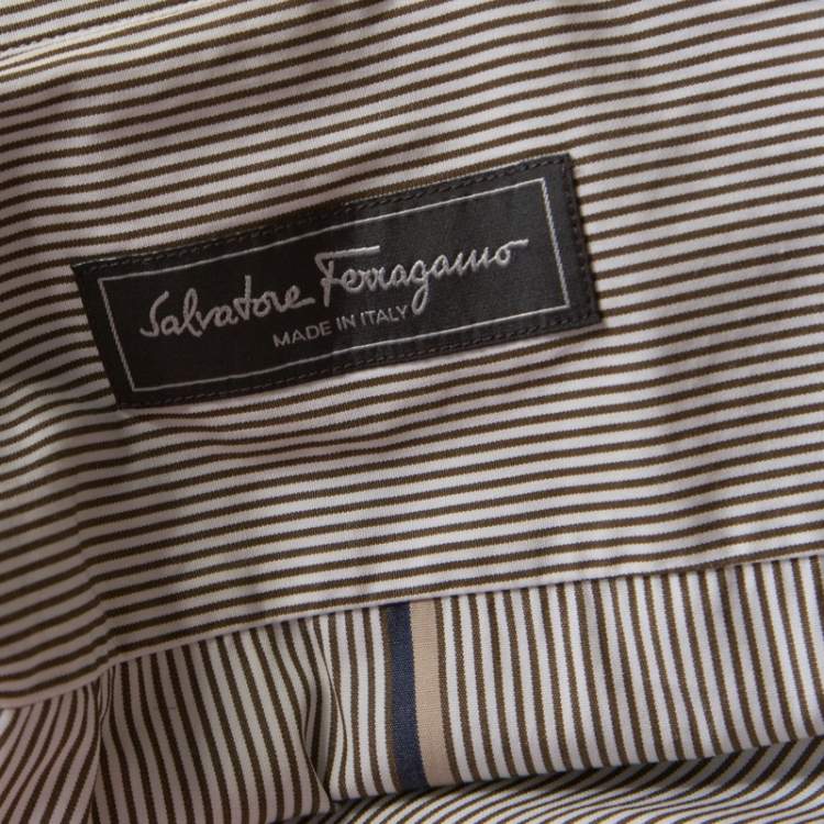 Pre Owned Salvatore Ferragamo Brown Pin Striped Cotton Derby Fit Shirt XXL 