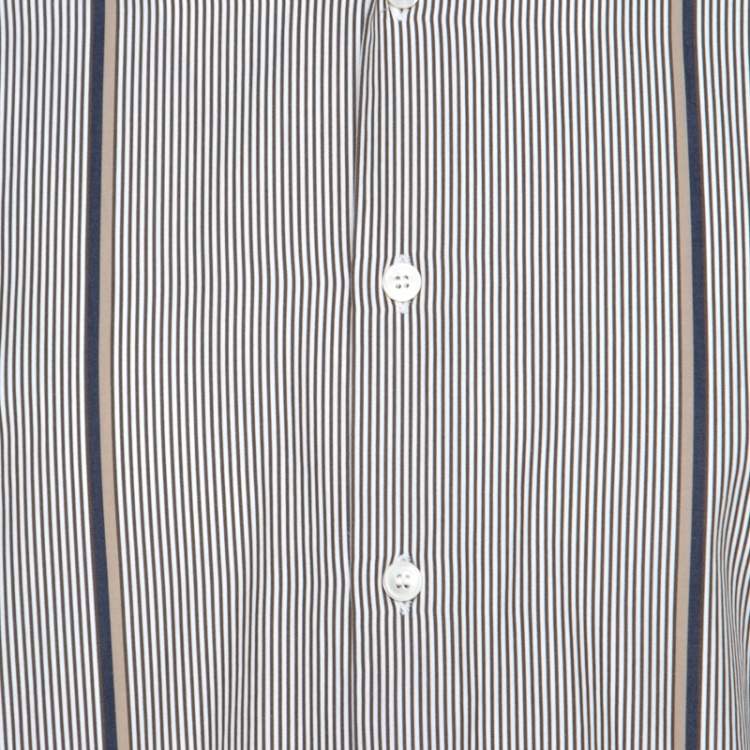 Pre Owned Salvatore Ferragamo Brown Pin Striped Cotton Derby Fit Shirt XXL 