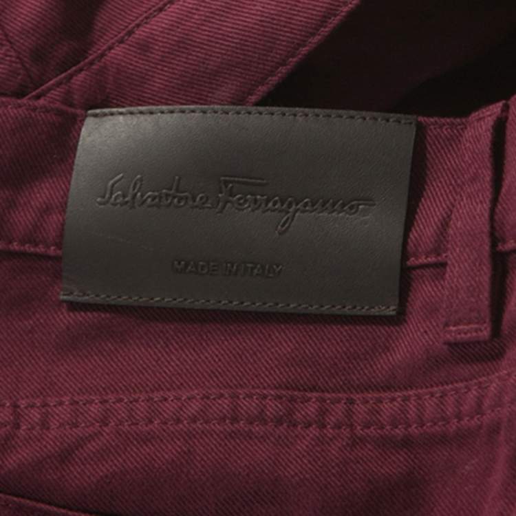 Pre Owned Salvatore Ferragamo Burgundy Washed Denim Straight Fit Jeans M