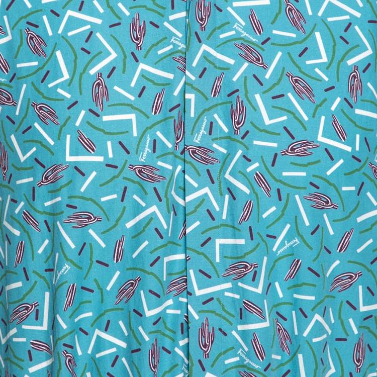 Pre Owned Salvatore Ferragamo Blue Cactus Printed Cotton Long Sleeve Shirt XL