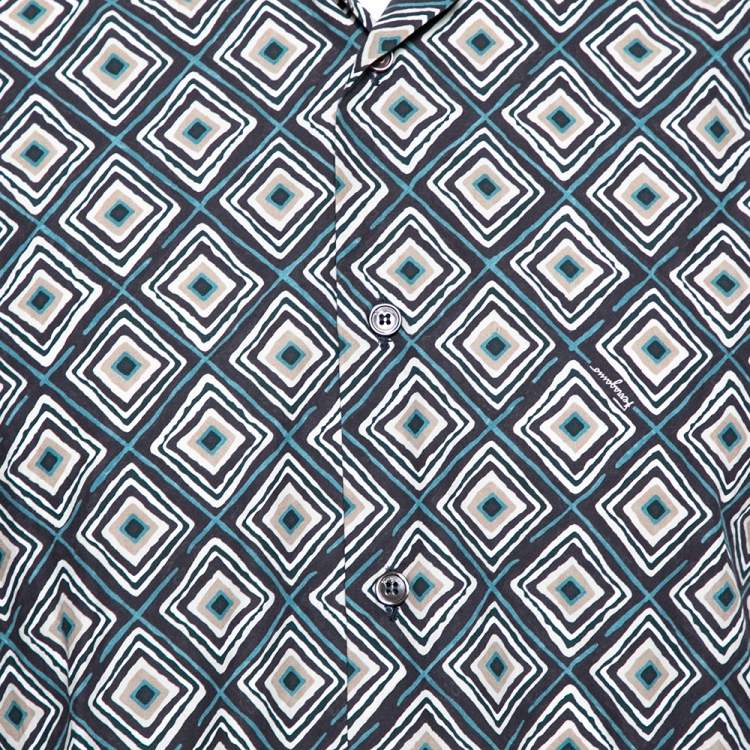 Pre Owned Salvatore Ferragamo Charcoal Grey Printed Cotton Derby Fit Shirt XL