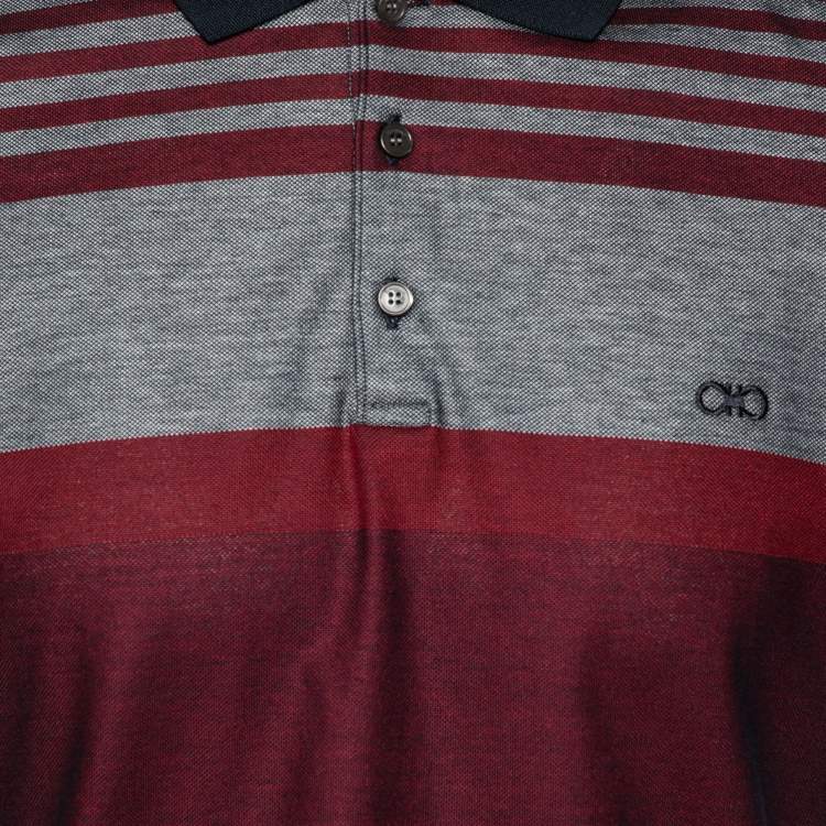 Pre Owned Salvatore Ferragamo Grey and Burgundy Striped Logo Embroidered Polo T-Shirt M