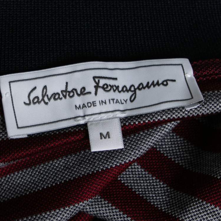 Pre Owned Salvatore Ferragamo Grey and Burgundy Striped Logo Embroidered Polo T-Shirt M